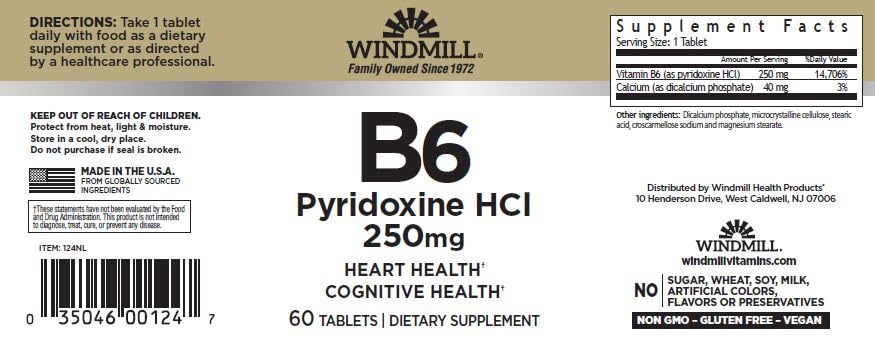 Windmill Vitamin B-6 250 mg Tablets, 60 Tablets