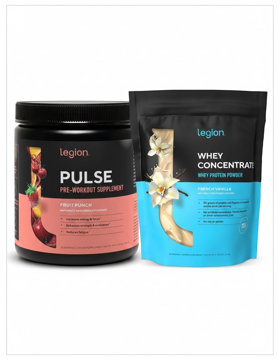 LEGION Muscle & Energy Stack – Whey Protein Powder (Vanilla) + Pulse Pre Workout (Fruit Punch), Powder, 47.6