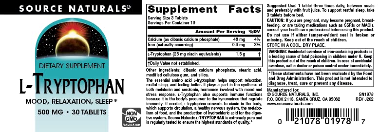 Source Naturals L-Tryptophan 500mg Tablet, 30 Tablets