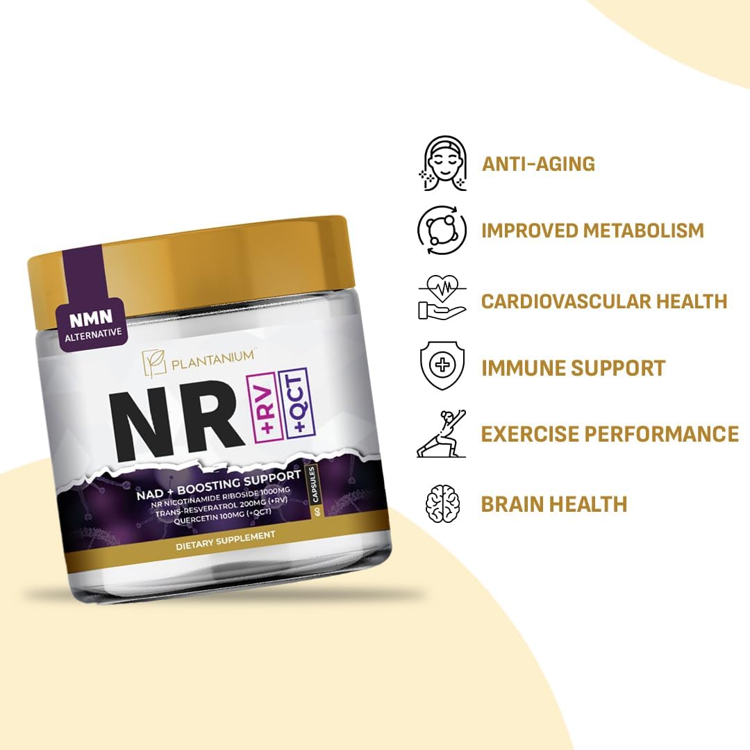 Plantanium NAD+ 1000mg Triple Action Nicotinamide Riboside (NR) with Trans-Resveratrol 200mg & Quercetin 100mg Anti-Aging Energy Focus Capsules 60 Count