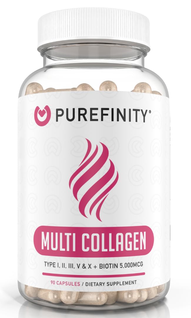 PUREFINITY Collagen Peptides for Women – Type I, II, III, V & X with Biotin & Hyaluronic Acid, Supports Healthy Skin, Bones, Hair & Nails – Non-GMO, Grass-Fed 90 Capsules