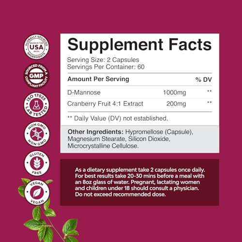 Nature's Craft Potent D Mannose 1000mg Capsules, 180 Count