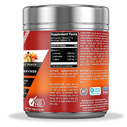 Amazing Muscle BCAA 2:1:1 Branched Chain Amino Acids Supplement Powder, Peach Lemonade Flavor, 16 oz