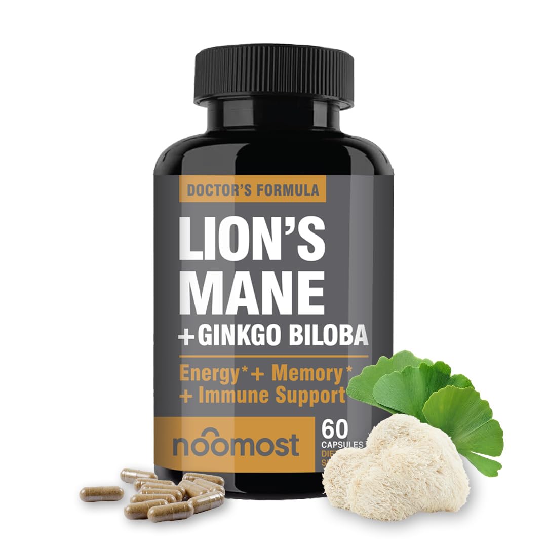 NooMost Lions Mane Supplement Organic Capsules with Ginkgo Biloba, 60 Count