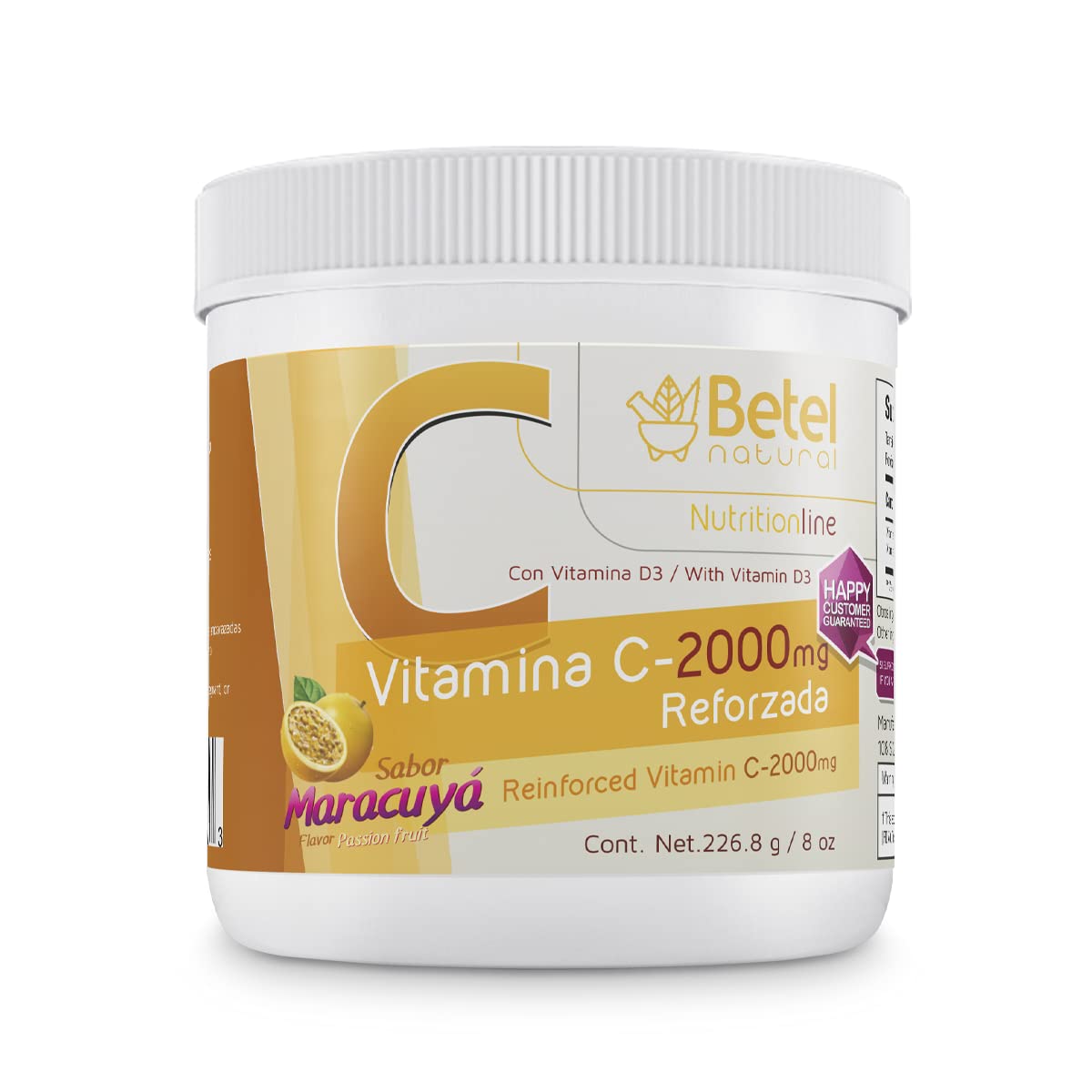 Betel Natural Premium Vitamin C 2000 mg Plus Vitamin D Powder Maracuya Flavor, 8 oz
