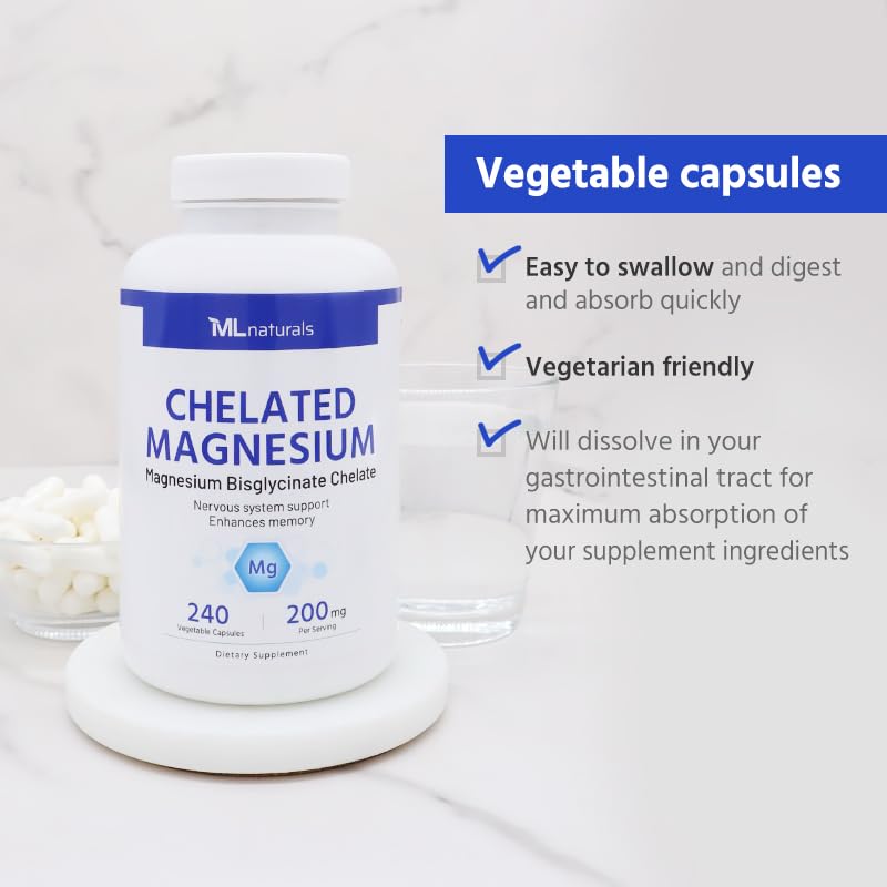 ML Naturals Chelated Magnesium 200mg Capsules, 240 Count