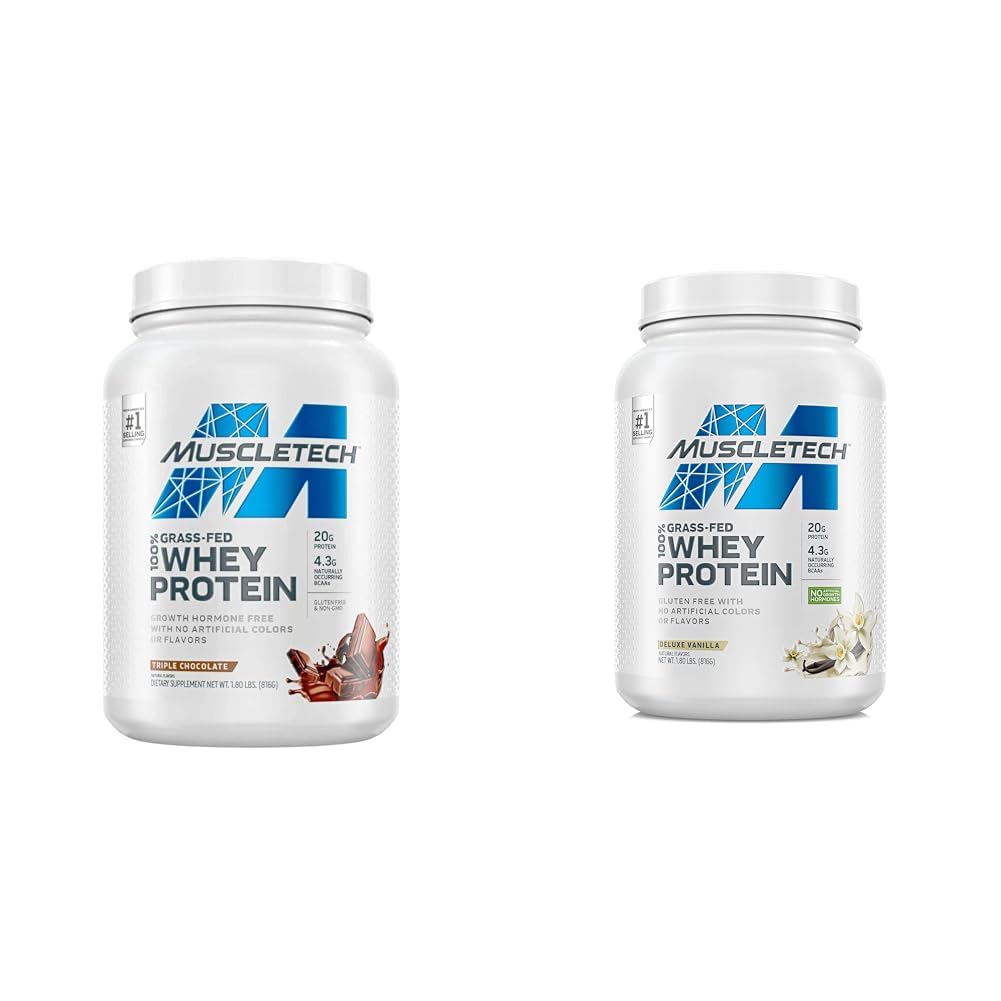 MuscleTech Grass Fed Whey Protein Powder, Triple Chocolate & Deluxe Vanilla, 57.6 Ounces