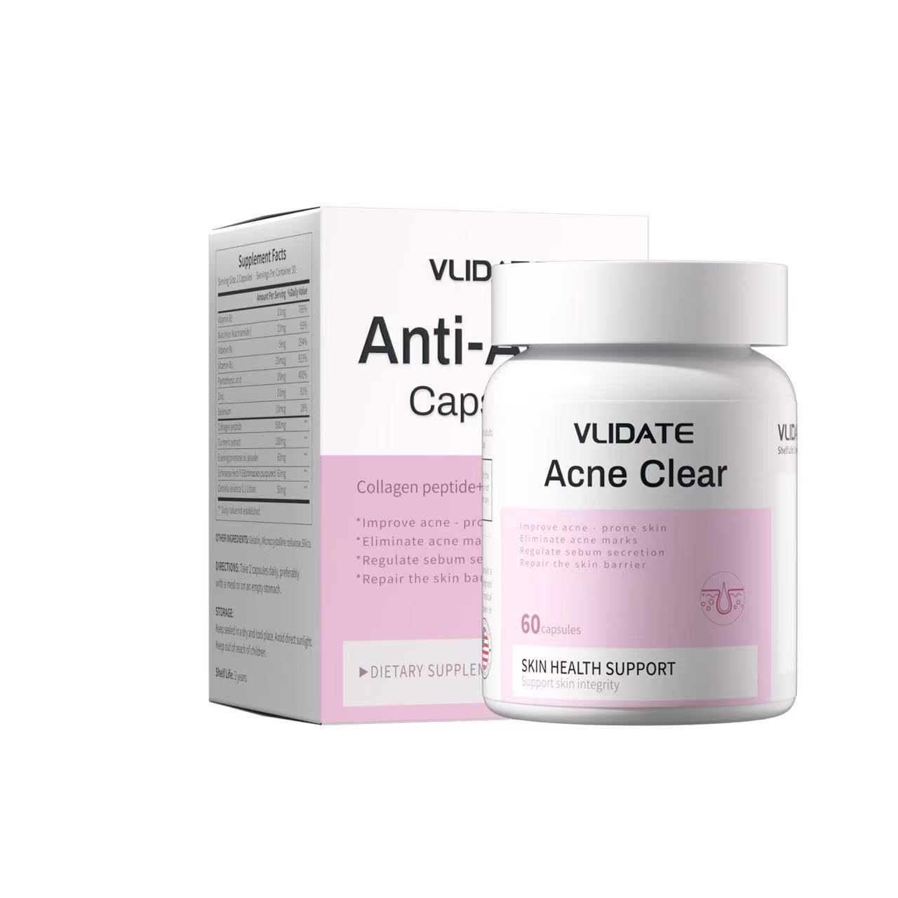 VLIDATE Acne Clear Supplement with Zinc, DIM & Probiotics Capsule, 60 Count