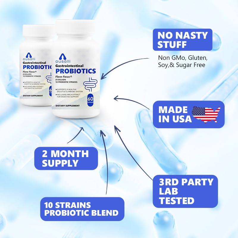 Ausalli Gastrointestinal Probiotics Flora-Focus 20 Billion CFU, 10 Probiotic Strains with Amla Extract, 60 Capsules
