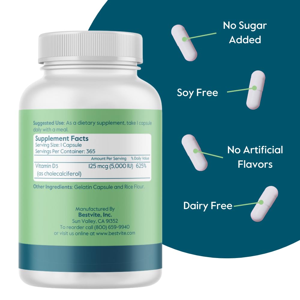 BESTVITE Vitamin D3 5000 IU 365 Capsules