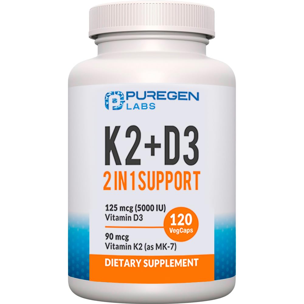 P Puregen Labs Vitamin D3 & K2 Capsule, 2-in-1 High Potency (90 mcg K2 MK7, 5000 IU D3), 120 Capsules