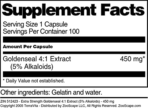 Terravita Extra Strength Goldenseal 4:1 Extract (5% Alkaloids) 450 mg, Capsule, 100 Capsules