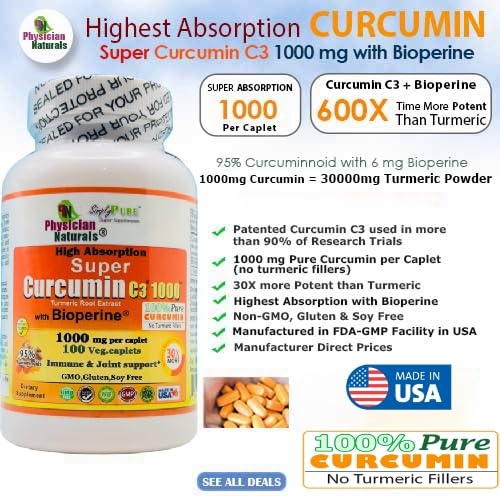 Physician Naturals Super Curcumin C3 1000 with Bioperine Capsule, 100 Veg Caplets