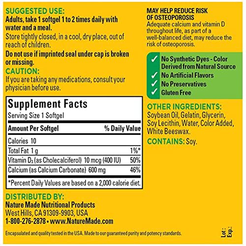 Nature Made Calcium 600 mg with Vitamin D Softgels Pack of 6