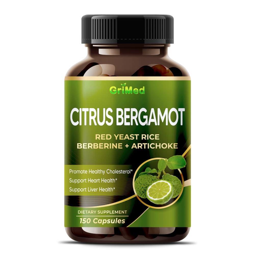 GriMed Citrus Bergamot with Red Yeast Rice, Garlic, Artichoke for Healthy Cholesterol, Heart Health Capsules, Powder 180 Count