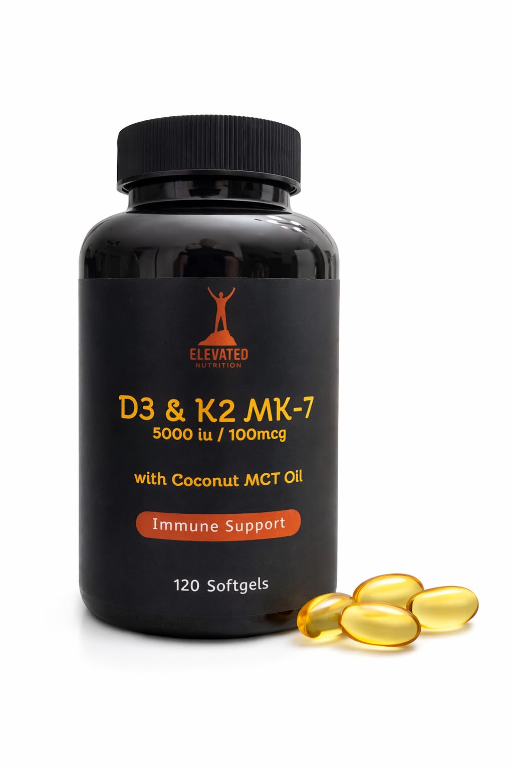 Elevated Nutrition Vitamin D3+K2 MK-7 with Coconut MCT Oil Softgels, 120 Count (5000IU D3 + 100mcg K2 MK-7)