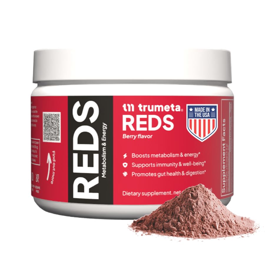 TRUMETA Reds Powder Metabolism and Energy, Berry Flavor Super Reds Superfood, Antioxidant Power Red Fruit and Vegetable Blend, Adaptogens & Probiotics, Vegan & Non-GMO, 4.13