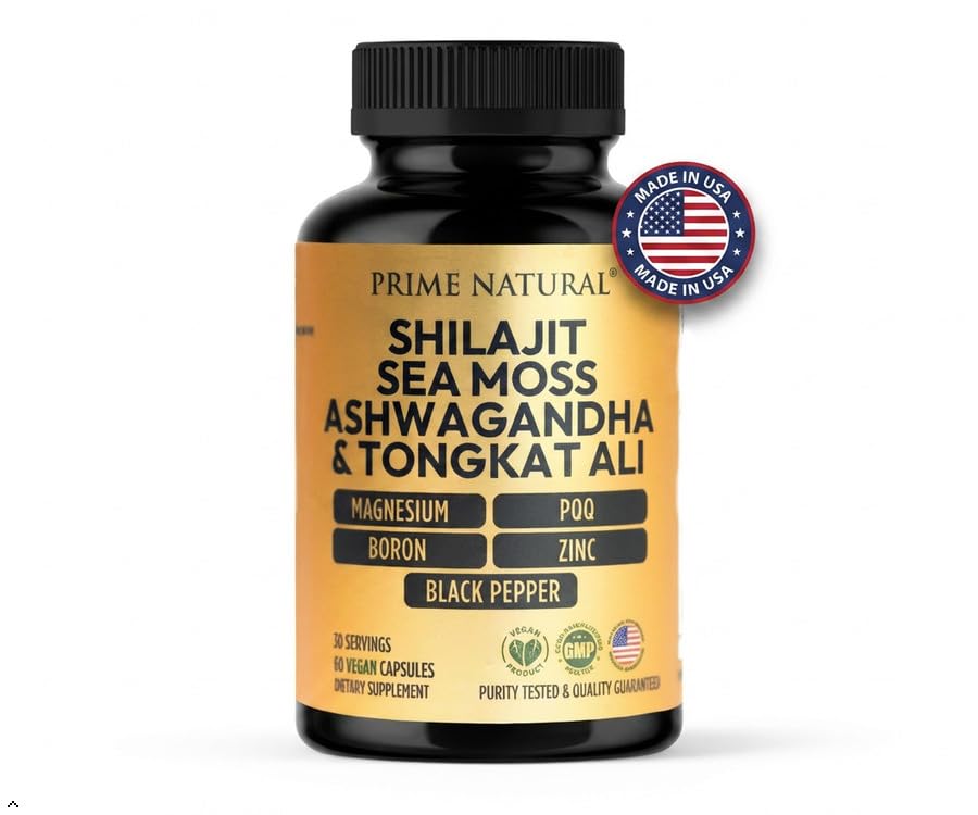 Prime Natural Shilajit 1000mg, Irish Sea Moss 100mg, Ashwagandha 100mg, Tongkat Ali, Boron, Magnesium, PQQ & More Capsule, 60 Capsules