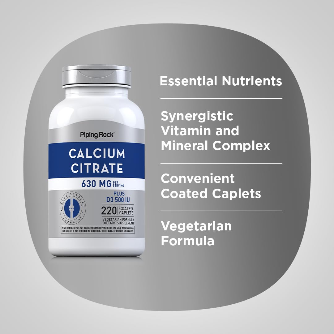 Piping Rock Calcium Citrate with Vitamin D3 630 mg Caplets, 220 Count