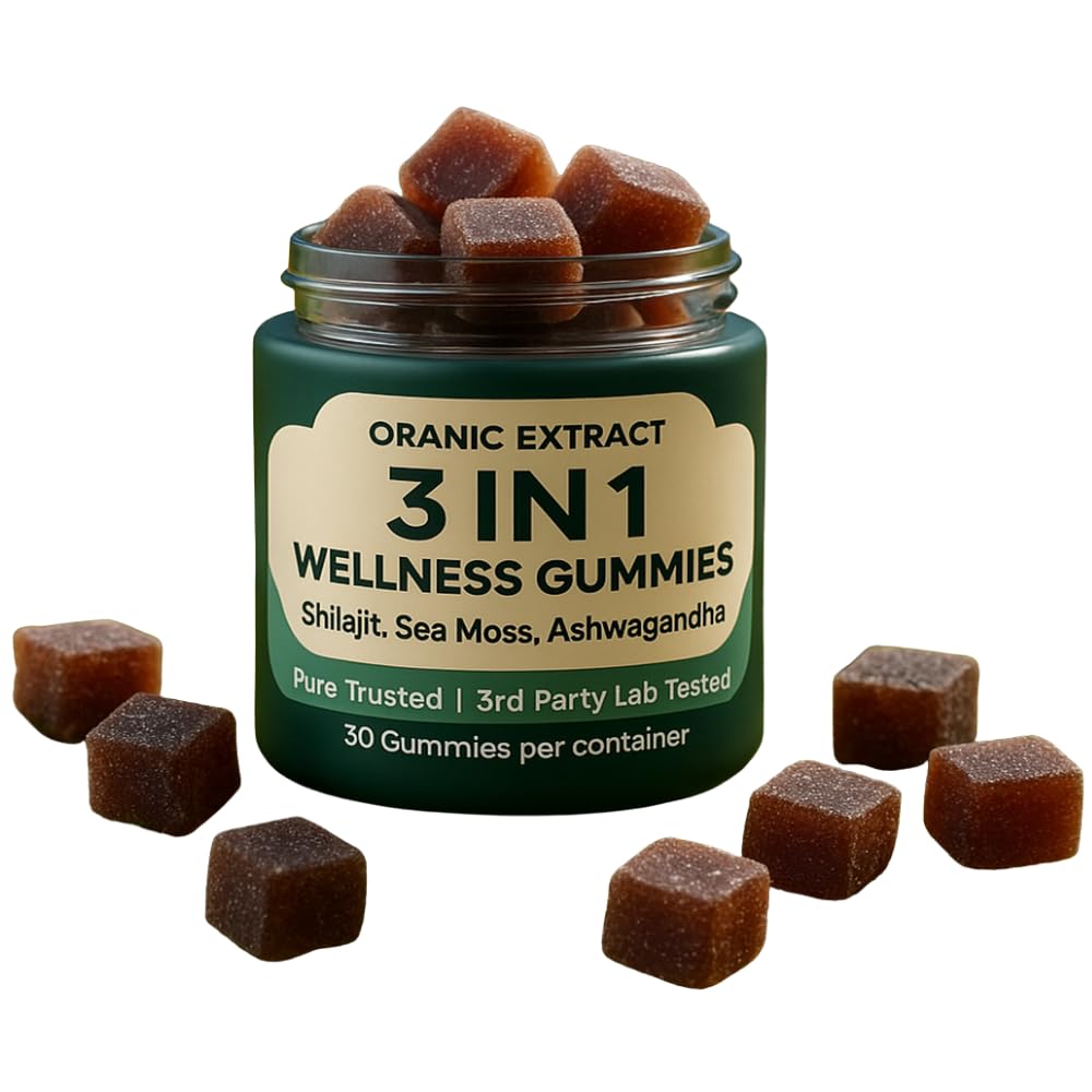 ORANIC EXTRACT 3IN1 Shilajit Wellness Gummies, Ashwagandha, Sea Moss, Energy & Immune Support, 30 Gummies
