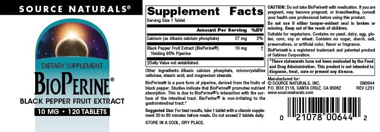 Source Naturals BioPerine 10 mg Tablet, 120 Tablets