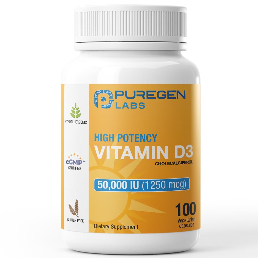 P Puregen Labs Vitamin D3 50,000 IU (1250 mcg) Capsules, 100 Count