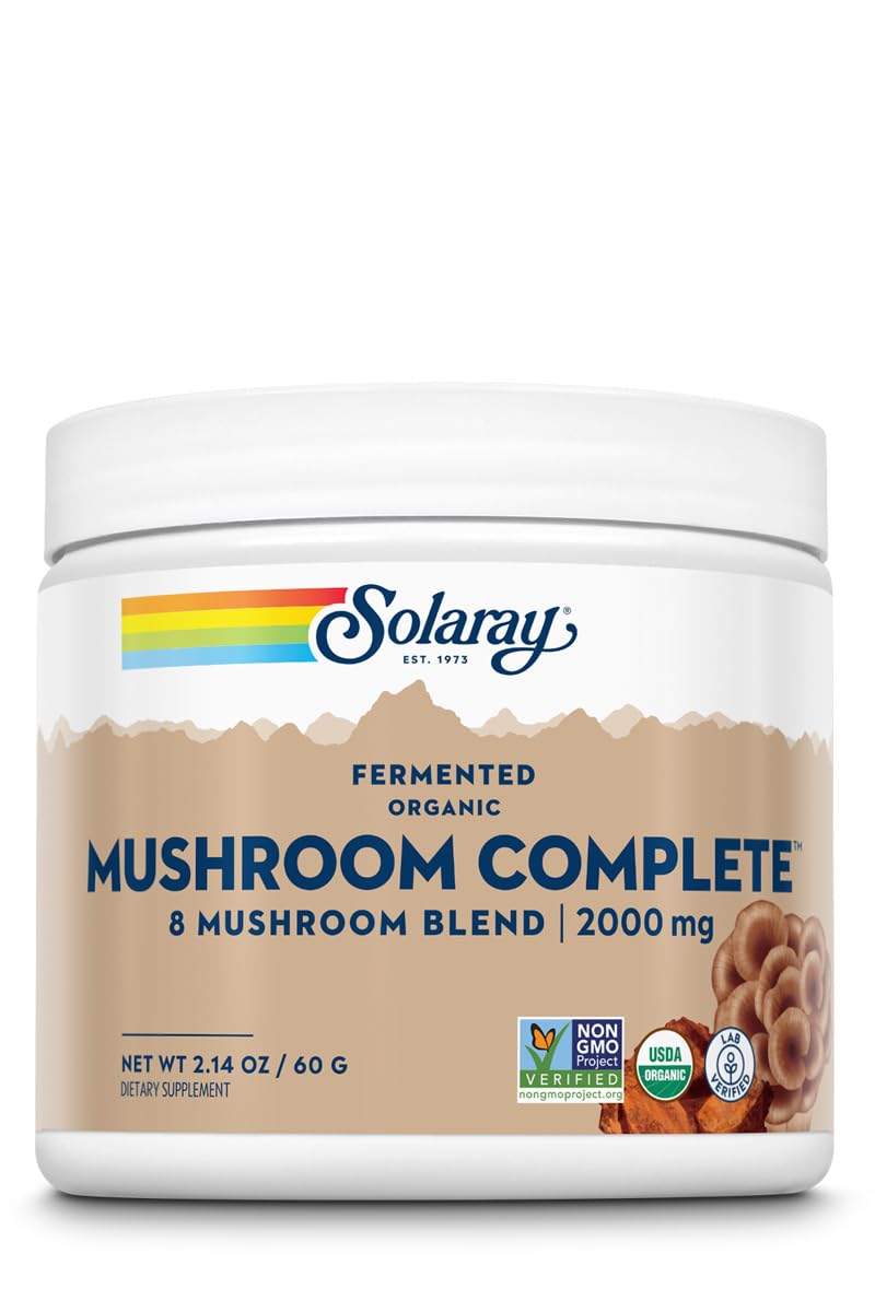 SOLARAY Fermented Organic Mushroom Complete Powder - 8 Mushroom Blend, 2000 mg per Serving, 2.14 oz