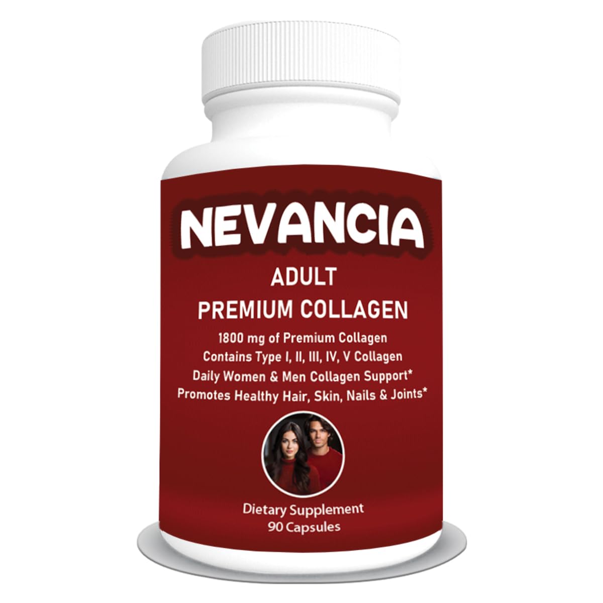 Nevancia Adult Premium Collagen Capsules, 1800 mg Hydrolyzed Collagen (Types I–V), Supports Skin Elasticity, Hair Growth, Joint & Bone Health, for Men & Women, 90 Capsules