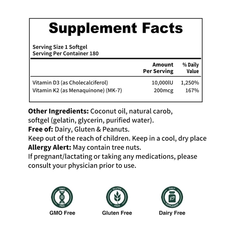 YOUTHVITA D3 K2 Vitamin 10000 IU & MK-7 200 mcg Softgels, 180 Count