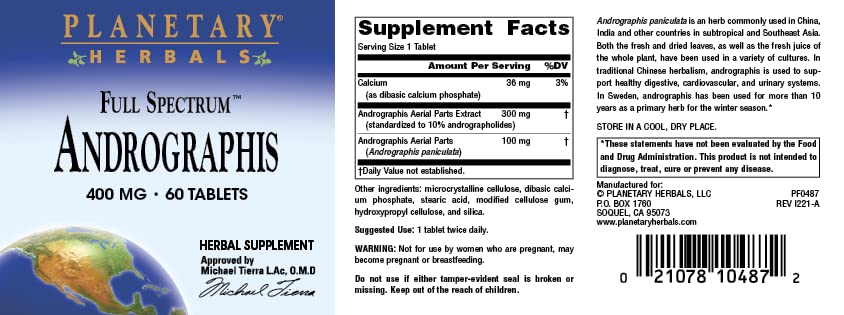 Planetary Herbals Full Spectrum Andrographis 400mg - Ayurvedic Herb, 60 Tablets