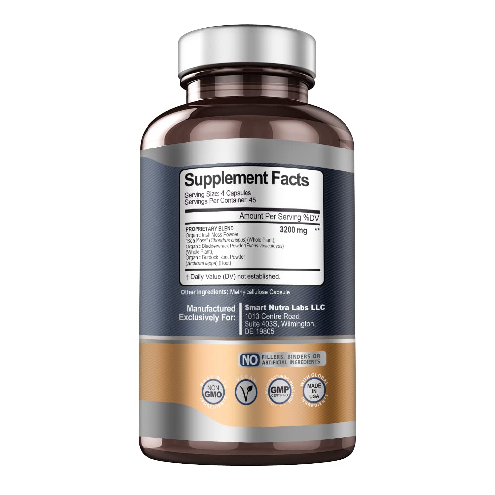 Smart Nutra Labs Organic Sea Moss 3200MG Per Serving Capsules, 180 Count