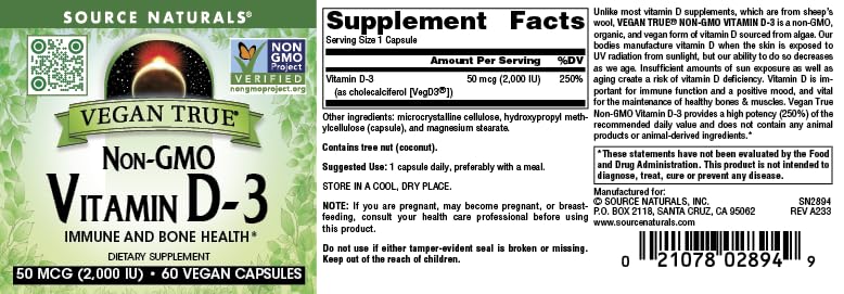 Source Naturals Vegan True Vitamin D-3 2,000 IU Capsule, 60 Capsules
