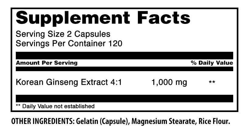 Amazing Nutrition Ginseng Complex 1000mg (4:1 Korean Ginseng Extract), Capsule, 240 Count