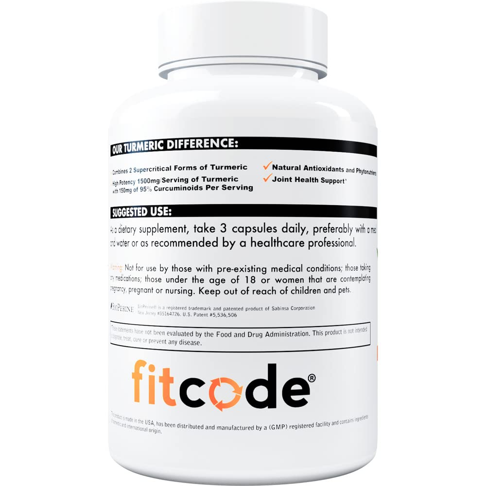 fitcode Turmeric Curcumin with 95% Curcuminoids 1500mg BioPerine Enhanced Absorption Capsules, 90 Count