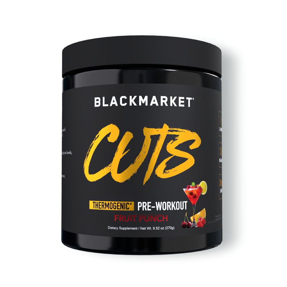 BLACKMARKET CUTS Pre Workout – Thermogenic Energy & Focus Powder for Men & Women, Fat Metabolism, Muscle Definition, Creatine Free, 30 Servings (Fruit Punch) 8.47 Ounce