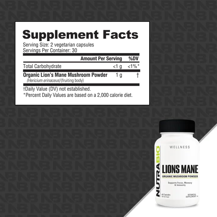 NutraBio Organic Lion's Mane Mushroom Supplement Capsules, 60 Count