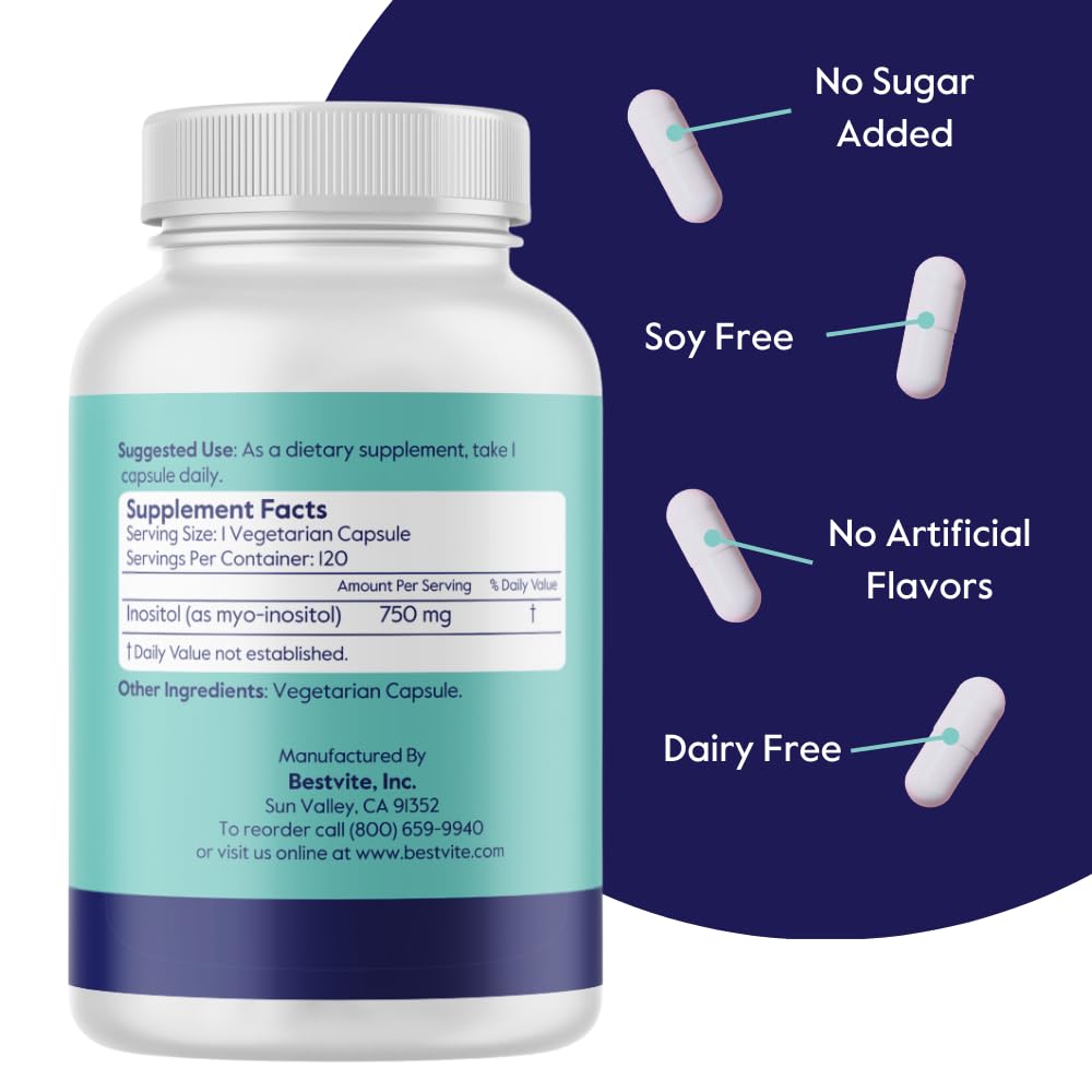 BESTVITE Inositol 750 mg as Myo Inositol Capsules, 120 Count