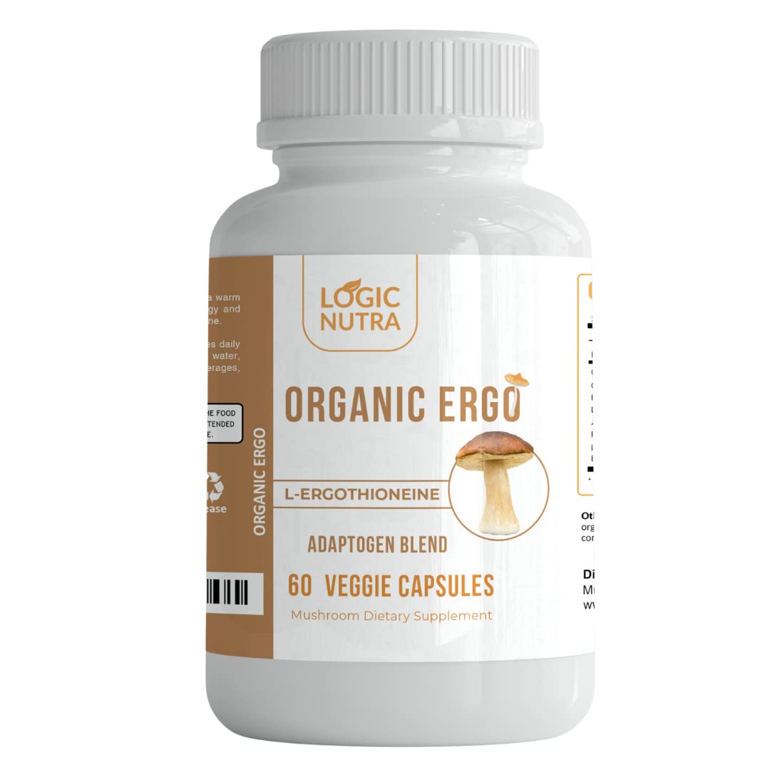 Logic Nutra L-Ergothioneine Plus Organic Blend of Cordyceps Mushroom, Lion’s Mane, Reishi, Astragalus, Siberian Ginseng, Ashwagandha Capsules, 60 Count