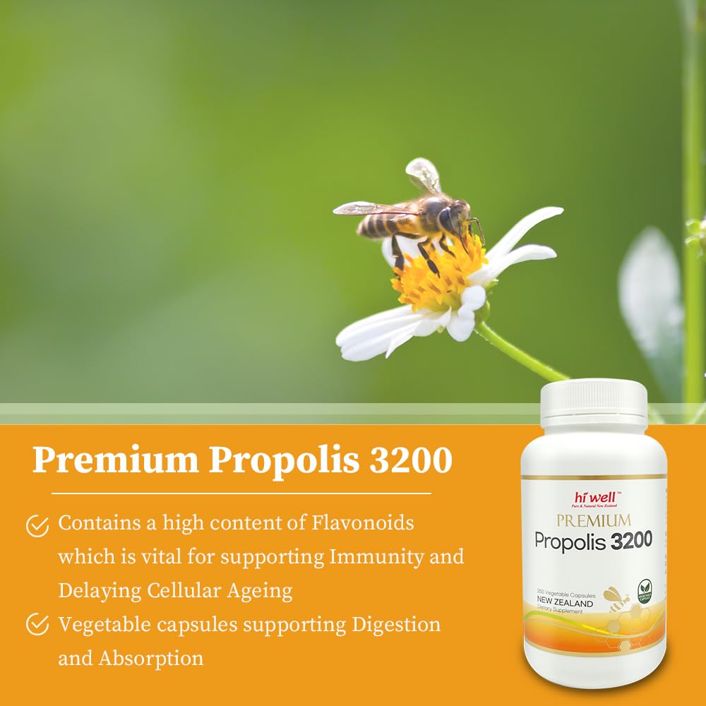 Hi Well Pure & Natural New Zealand Premium Propolis 3200 Flavonoid 96mg 250 VegeCapsules