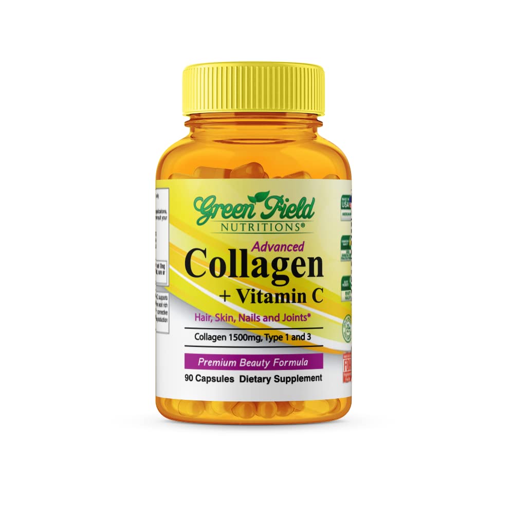 GREEN FIELD NUTRITIONS Halal Collagen Peptides 1500 mg Type I & III with Vitamin C 300 mg, Anti-Aging Formula for Hair, Skin, Nails & Joints, 90 Capsules