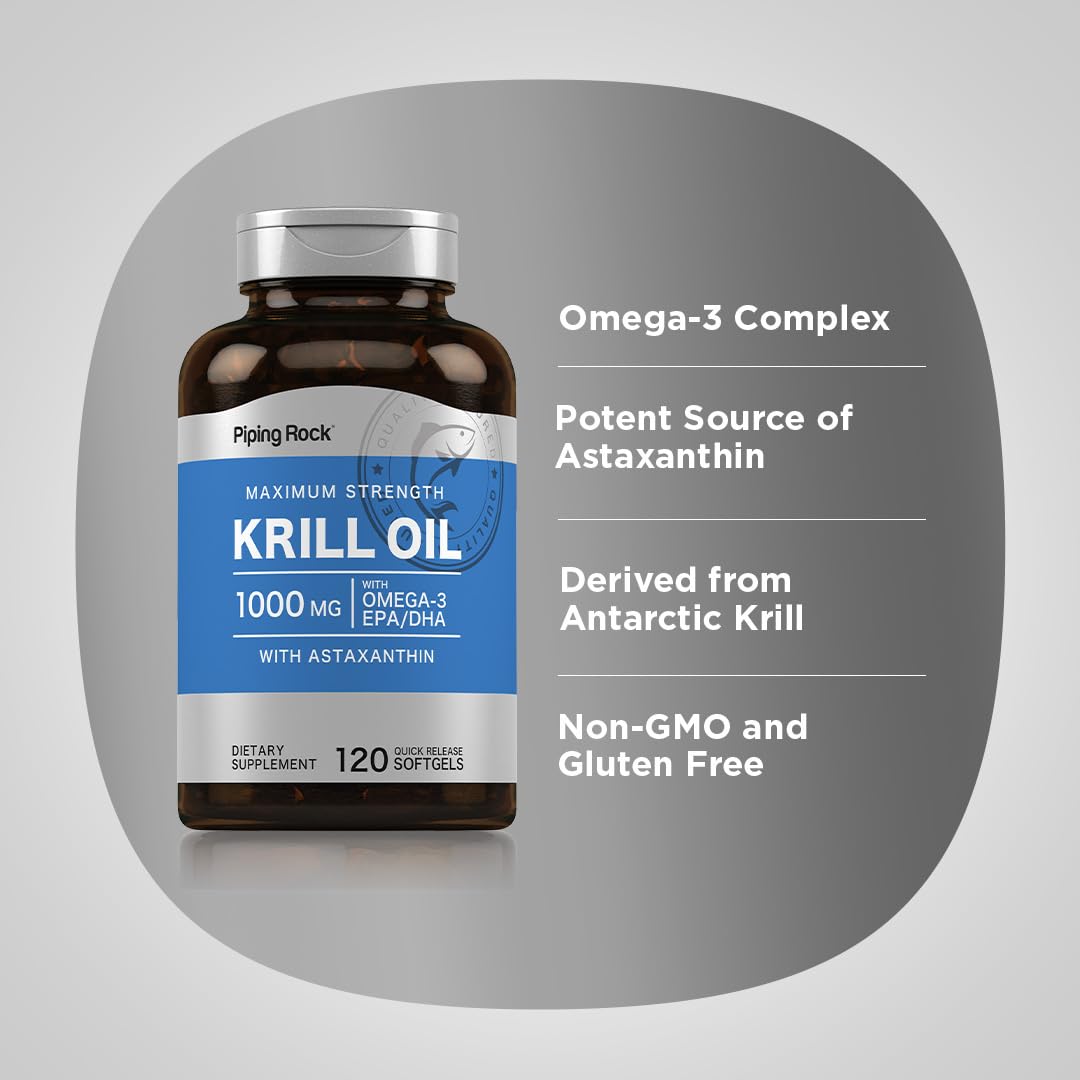 Piping Rock Krill Oil Omega-3 1000mg Softgel Capsules, 120 Count