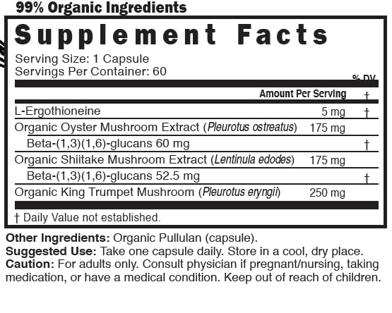 Nature's Fusions Nutri L Ergothioneine Supplements with Organic Mushroom Complex - 5mg & 600mg Mushroom Extracts, Oyster, Shiitake, King Trumpet 600 mg Capsules, 60 Count