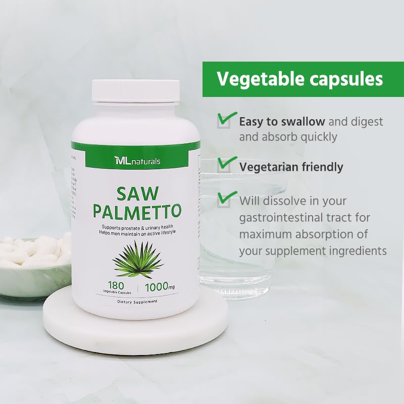 ML Naturals Saw Palmetto 1000mg 4:1 Extract Capsules, Non-GMO, 180 Count