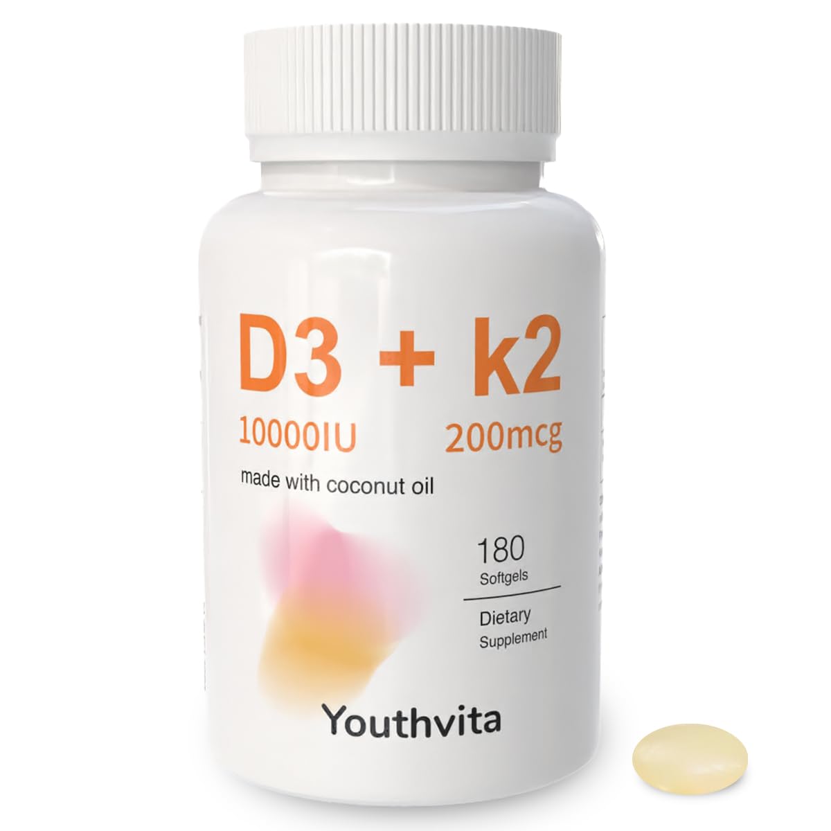 YOUTHVITA D3 K2 Vitamin 10000 IU & MK-7 200 mcg Softgels, 180 Count