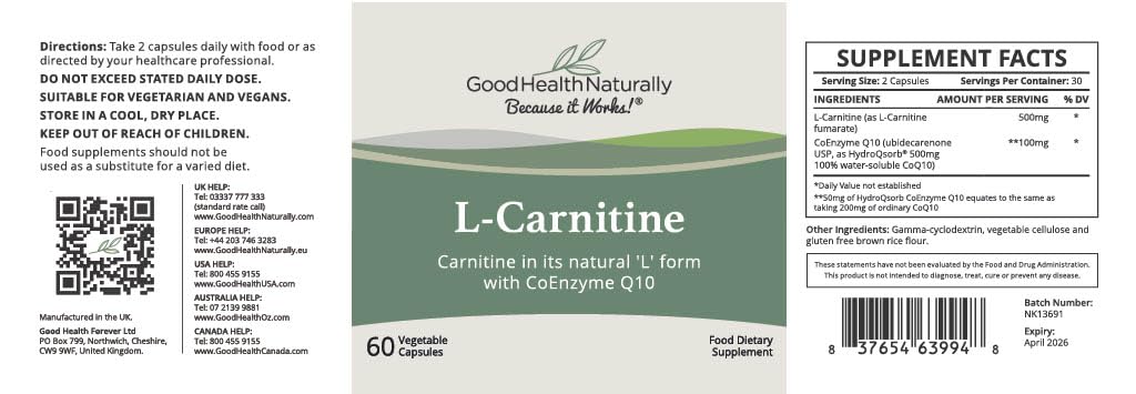 GOOD HEALTH NATURALLY BECAUSE IT WORKS! L-Carnitine Plus CoQ10 - for Heart, Liver, and Cell Health Capsule, 60 Vegetable Capsules