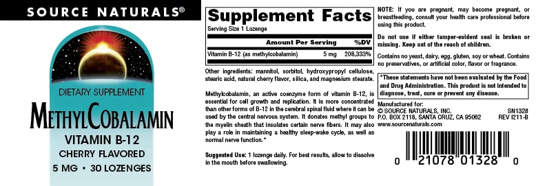 Source Naturals Methylcobalamin Vitamin B-12 5mg Lozenges, 30 Lozenges