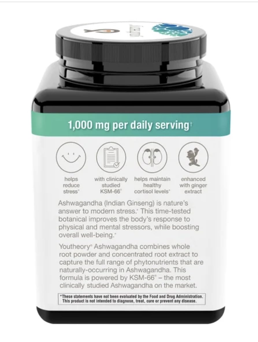 Youtheory Ashwagandha 1000mg with KSM-66 Capsules, 180 Count