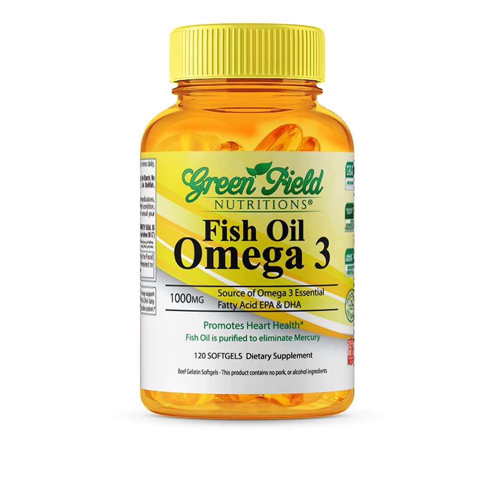 GREEN FIELD NUTRITIONS Halal Fish Oil 1000mg, 300mg Halal Omega 3, Small Wild Peruvian Fish Oil Halal Vitamins, EPA 180 mg & DHA 120 mg Softgels 120