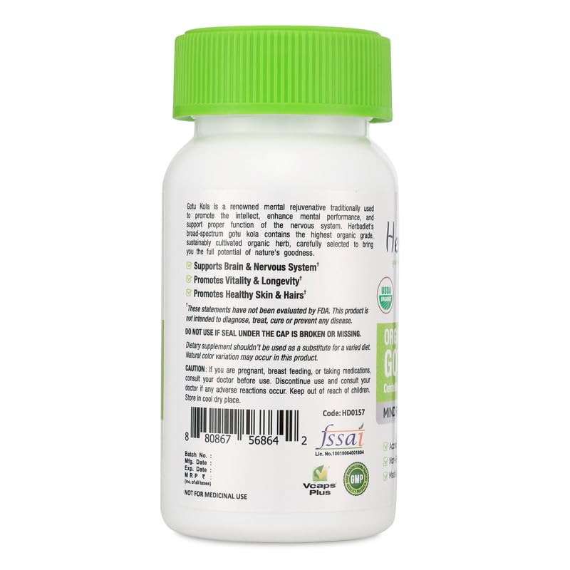 Herbadiet Organic Centella Asiatica Gotu Kola Brahmi Capsules, 120 Count