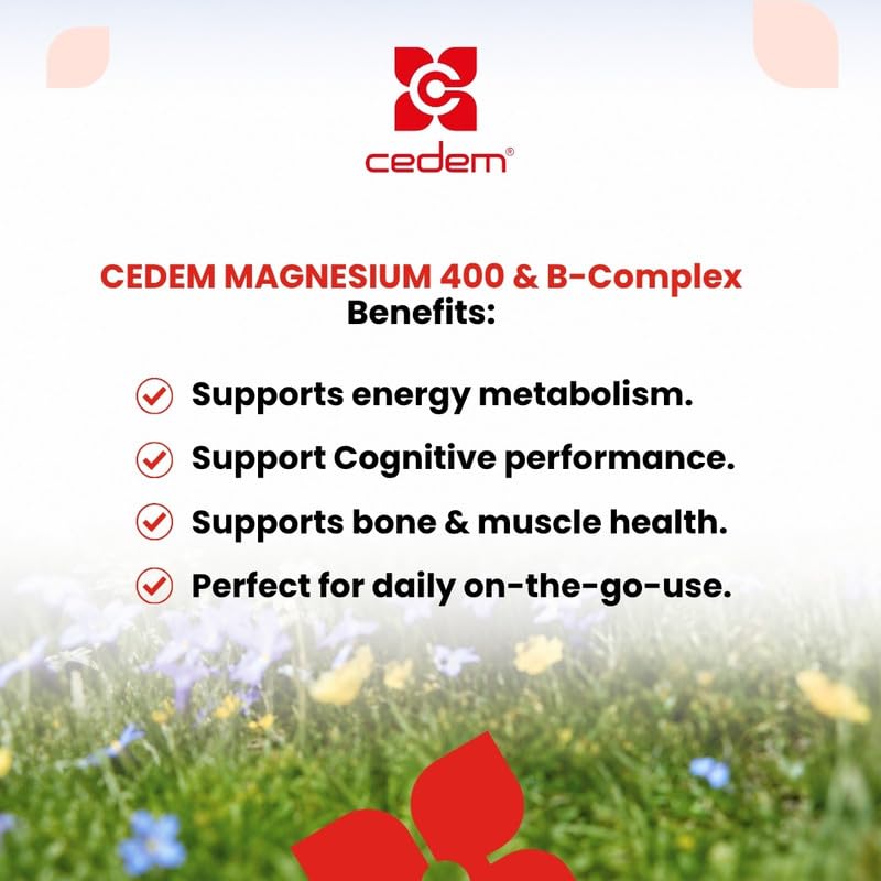 CEDEM Magnesium 400mg + B-Complex No Water Needed Dissolving Powder Sticks, Swiss-Formulated, Peach Flavor, 20 Count